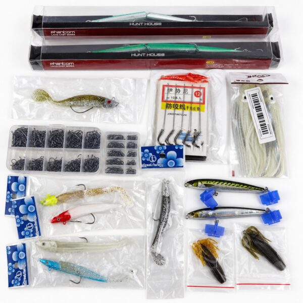 Lote Completo de Artigos de Pesca - Amostras, Anzóis, Vinis e Acessórios