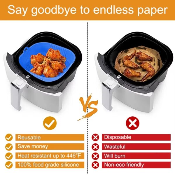 Cesto de Silicone para Air Fryer Quadrado Reutilizável Antiaderente 19cm - Preto