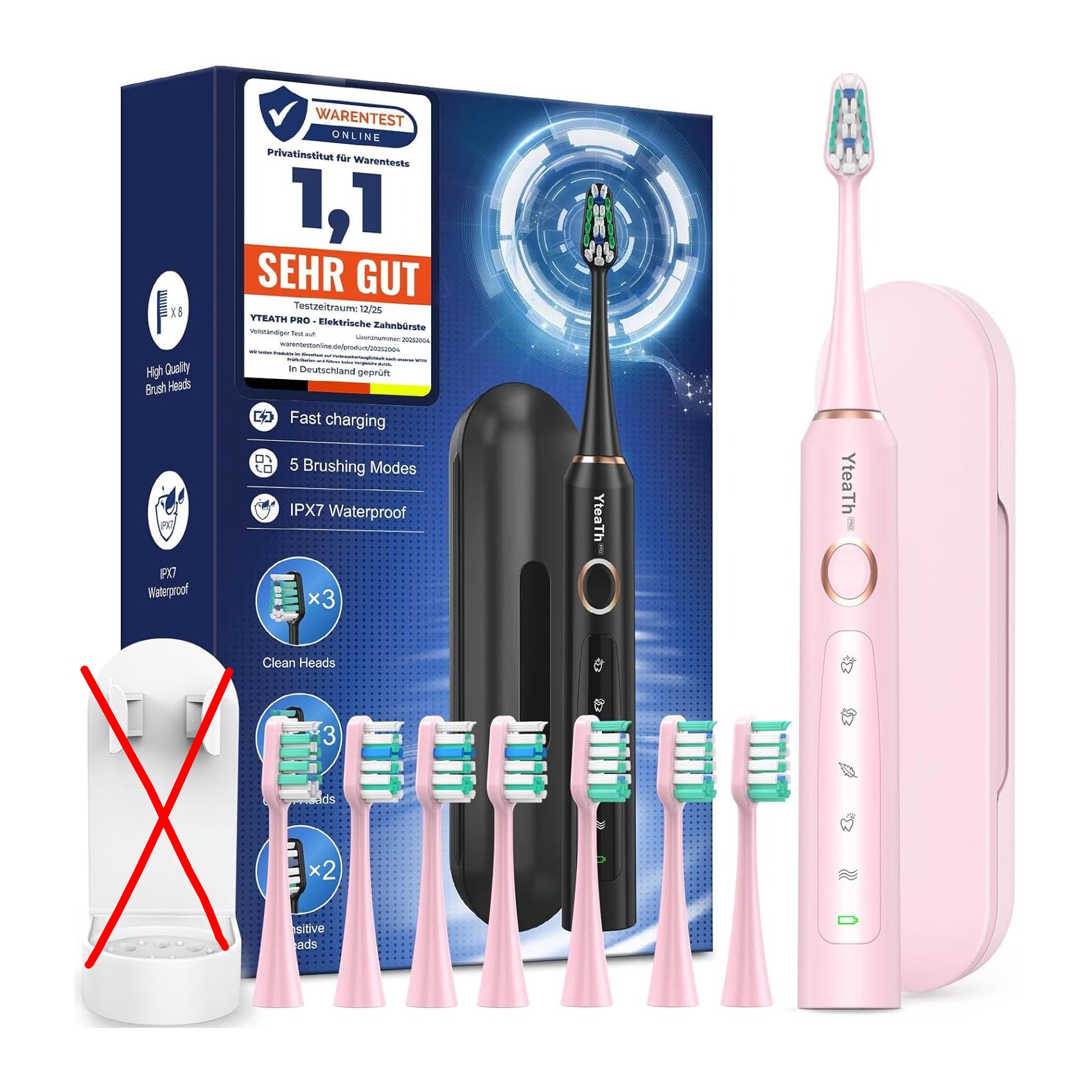 Escova de Dentes Elétrica com 8 Cabeças e Estojo IPX7 Rosa