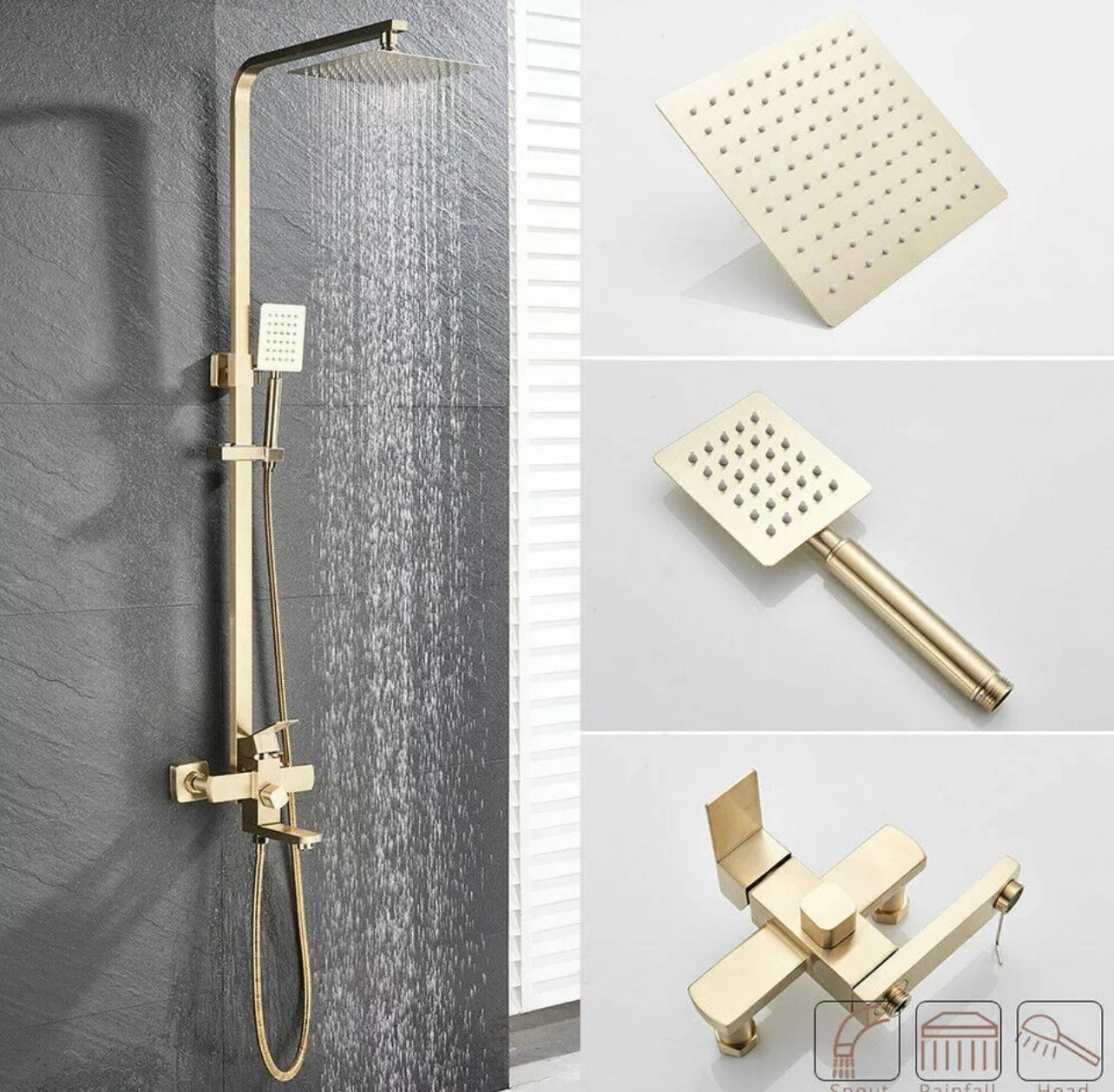 Conjunto de Duche 3 em 1 Dourado Escovado 1156 Rainfall Exposed