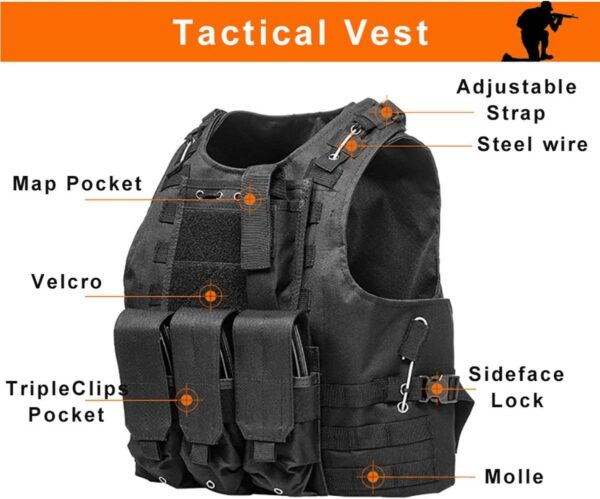 Colete Tático Ajustável Airsoft Tecido Oxford Leve com Bolsos Removíveis - Preto