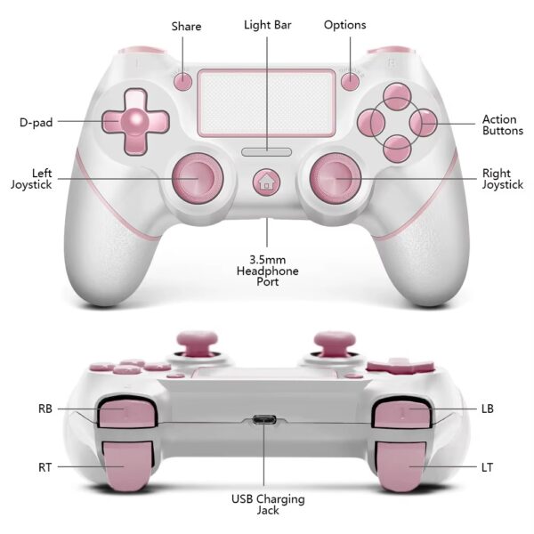 Comando sem Fios Rosa com Touchpad e Vibração Dupla para PS4 e PC
