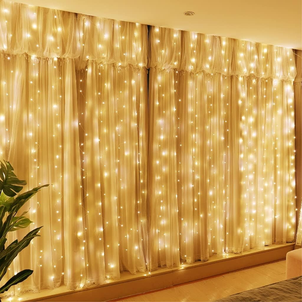 (3x3m) Cortina de Luzes LED HXWEIYE HY100150 300 LEDs 8 Modos com Comando - Branco Quente