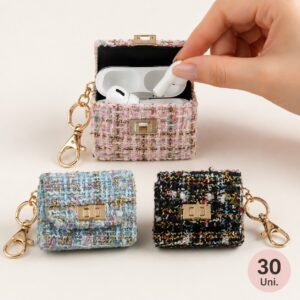 x30 Lote Estojo Porta-Auscultadores em Tweed Elegante com Porta-Chaves Dourado