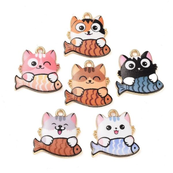 100 Peças Pendentes de Metal Gato com Peixe Esmaltados para Bijuteria - Colorido