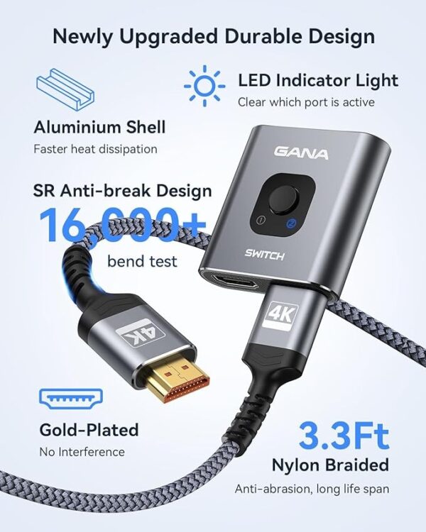Switch HDMI GANA 4K@60Hz Bidirecional 2 Entradas 1 Saída com Cabo - Cinzento