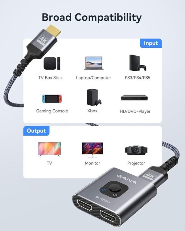 Switch HDMI GANA 4K@60Hz Bidirecional 2 Entradas 1 Saída com Cabo - Cinzento