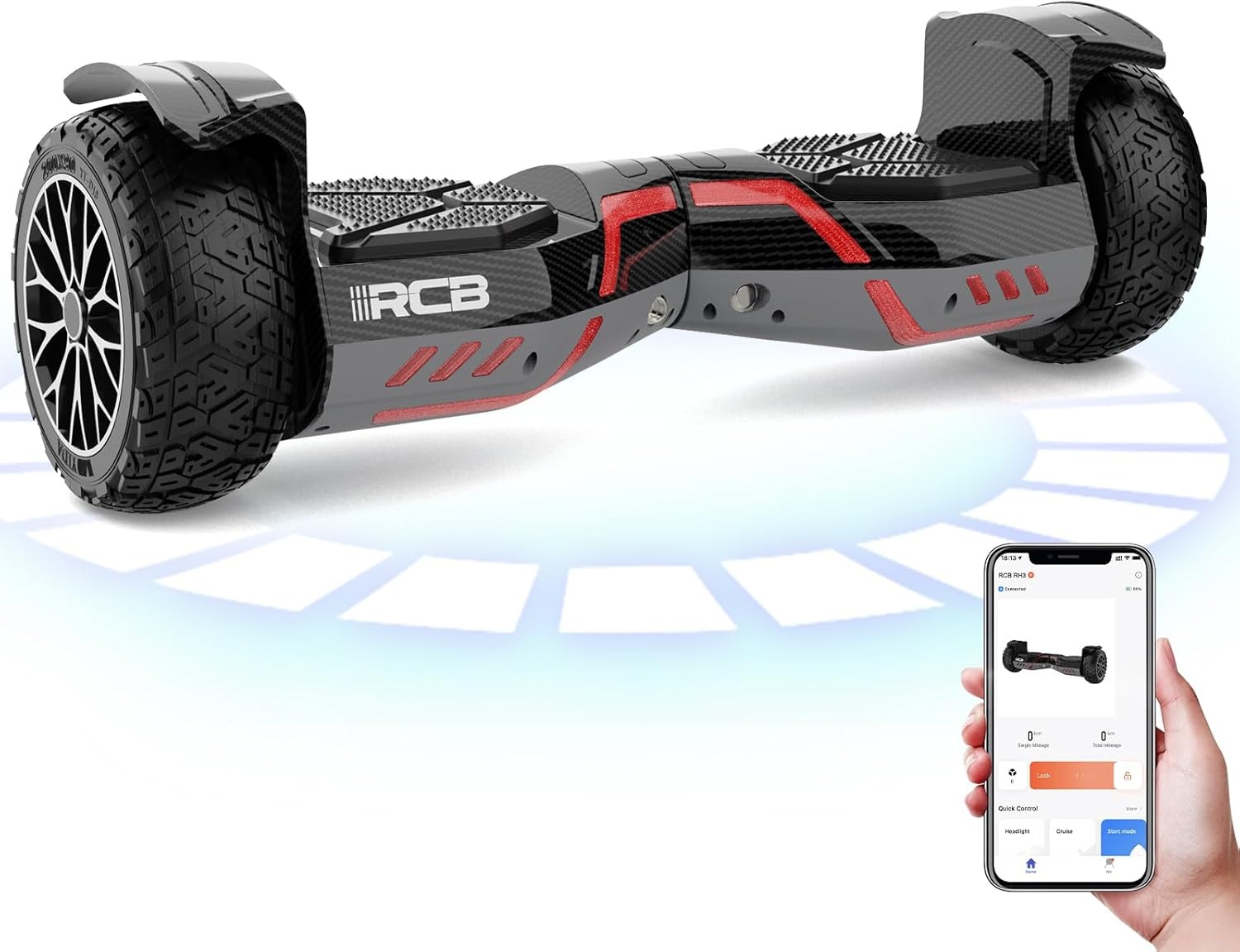 (8.5") Hoverboard RCB RH3 Todo-o-Terreno App Bluetooth e LED - Preto Carbono