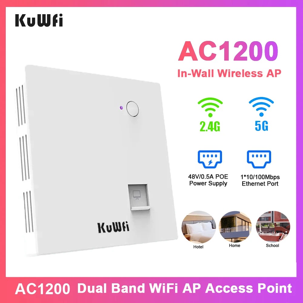 Ponto de Acesso Dual-Band 2.4/5GHz AC1200 PoE 48V Kuwfi Wall Plate