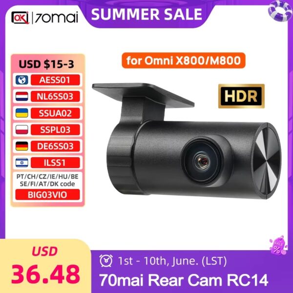 Câmara Traseira 70mai RC14 para Dash Cam 4K Omni X800 Gravação Estacionamento - Preto