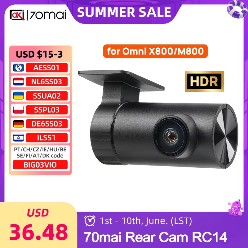 Câmara Traseira 70mai RC14 para Dash Cam 4K Omni X800 Gravação Estacionamento - Preto