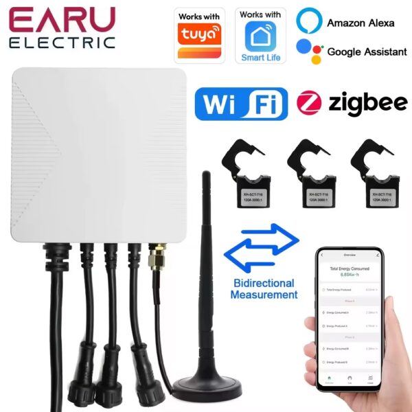 Medidor de Energia Tuya Wi-Fi 80A Bidirecional Trifásico com Pinça - Branco