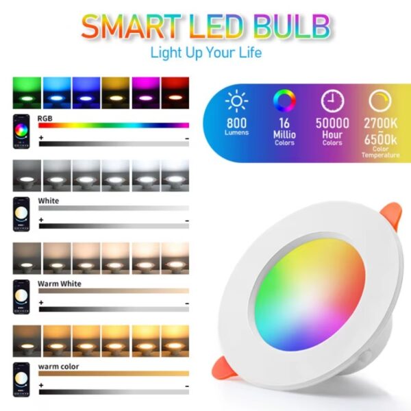 Downlight LED Inteligente Tuya RGB+CW WiFi Controlo Voz 10W
