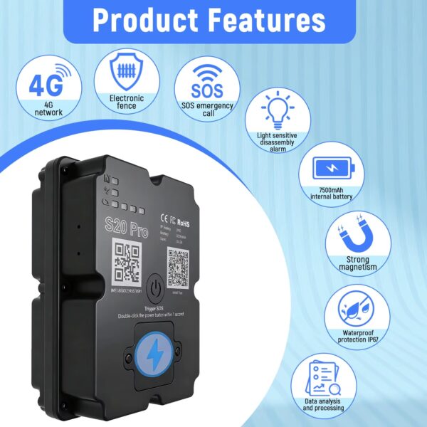 Localizador GPS 4G 7500mAh IP67 160 Dias Standby para Carros e Camiões - Preto