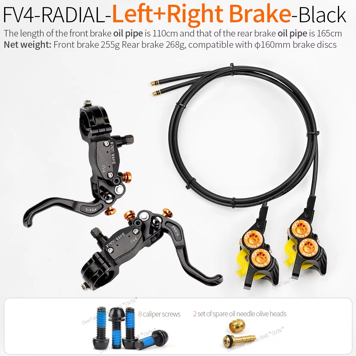Kit Travões Hidráulicos MTB FrogWake FV4 Radiais 4 Pistões Frente/Trás Preto (FV4-RA-L-R-BLACK)
