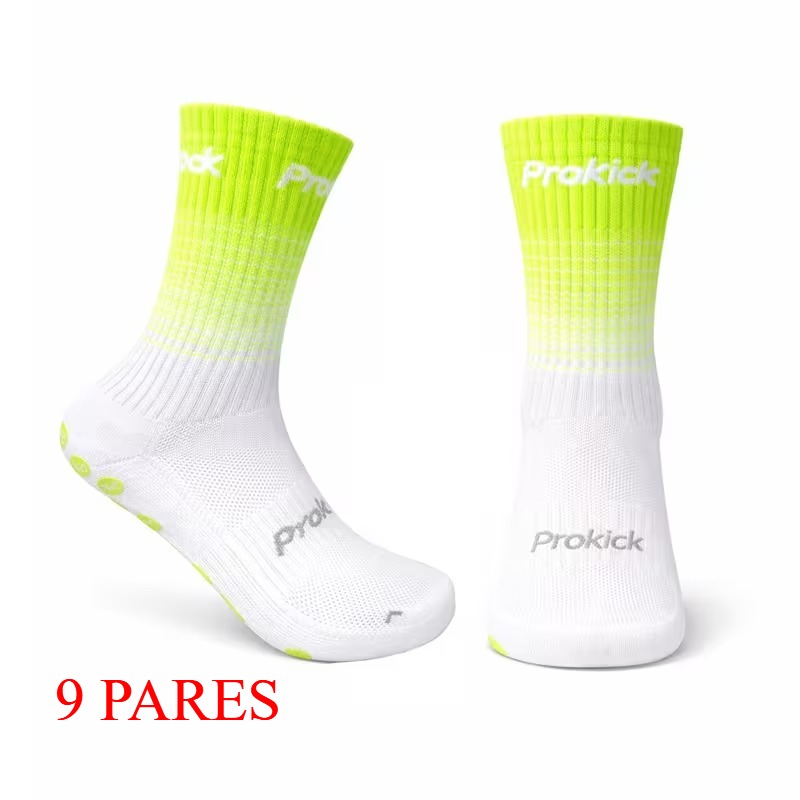 (38-41) 9 Pares Meias de Futebol Antiderrapantes Prokick Grip Sola de Silicone - Branco / Verde