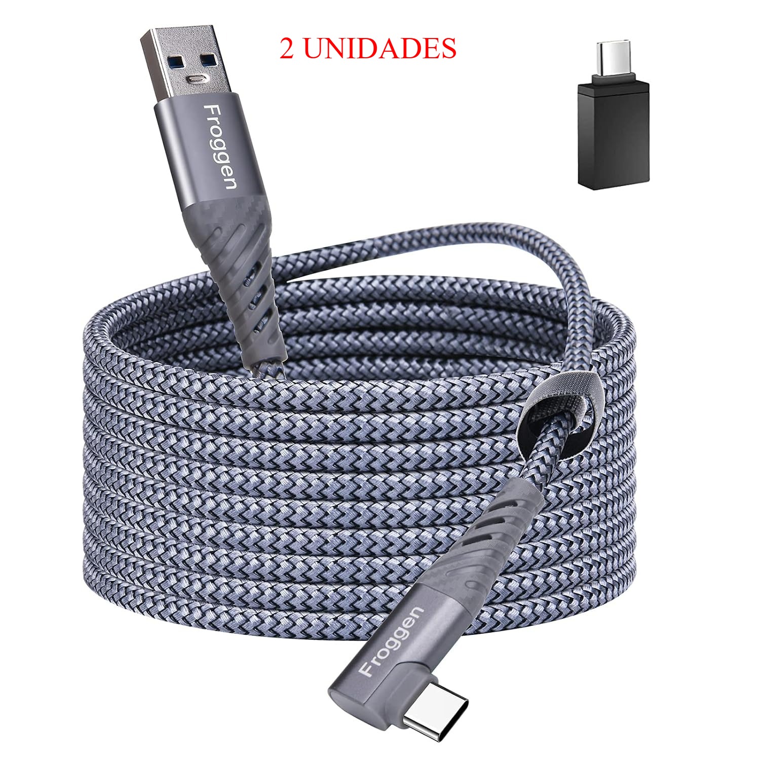(x2) Cabo Oculus Link Froggen Quest 2 e 1 USB 3.2 5Gbps em Nylon (3 Metros) - Cinzento
