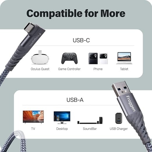F126X3295_paste_1781807606910_4 (x2) Cabo Oculus Link Froggen Quest 2 e 1 USB 3.2 5Gbps em Nylon (3 Metros) - Cinzento