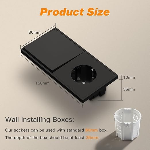 Interruptor com Tomada Schuko de Encastrar Comutador de Escada 1 Tecla MVAVA M2 Preto