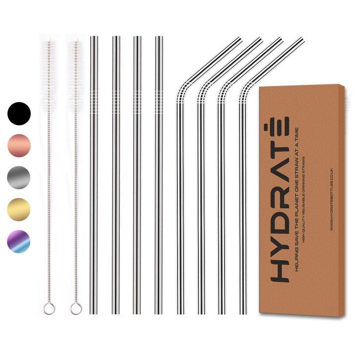 (8 Un) Palhinhas em Aço Inoxidável HYDRATE Reutilizáveis e Ecológicas