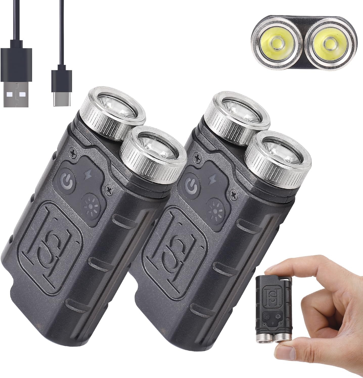 (Pack de 2) Lanterna de Bolso KunHe K2 1000 Lúmens Magnética Recarregável USB-C - Preto