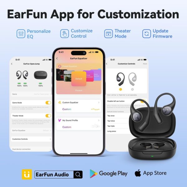 Auriculares Open-Ear EarFun OpenJump Hi-Res LDAC IPX7 42H de Autonomia - Preto