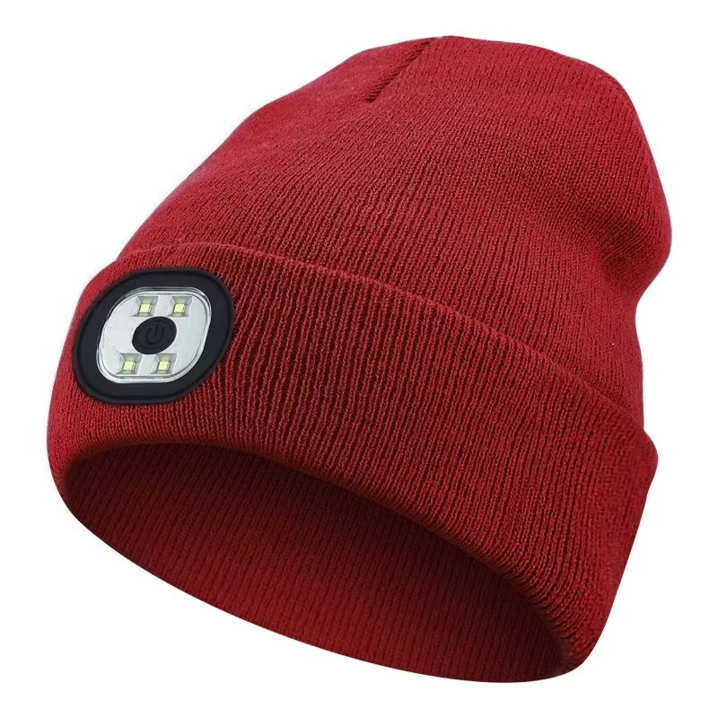 Gorro com Lanterna LED Recarregável USB Unissexo Malha para Inverno - Vermelho