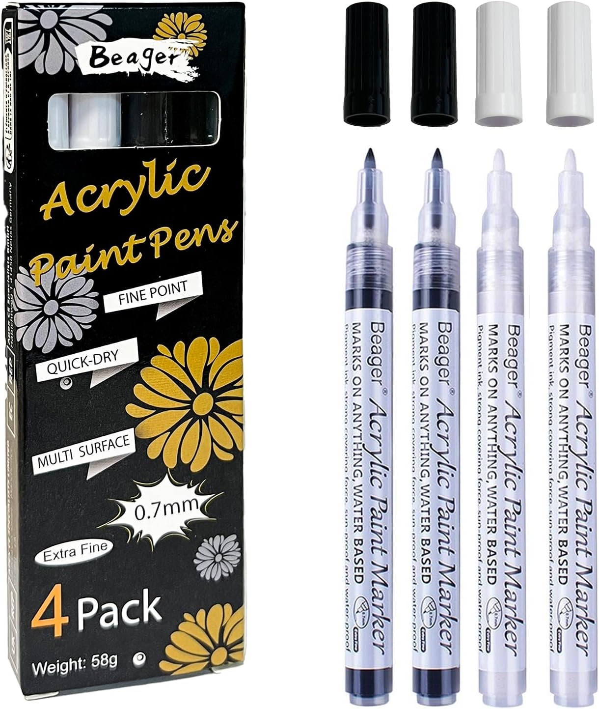 (4 Unids) Marcadores de Tinta Acrílica beager Ponta Fina 0.7mm Permanentes - Preto e Branco