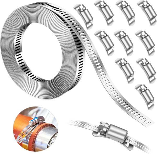 (5m) Kit de Abraçadeira de Mangueira em Aço Inoxidável com 10 Fixadores - Prateado