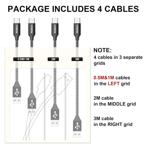 (3m) 4 Cabos USB-C Carregamento Rápido 3.1A Nylon Pack de 4 NIBIKI