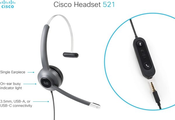 Auscultadores Cisco Headset 521 Mono Jack 3.5mm com Adaptador USB-C - Antracite