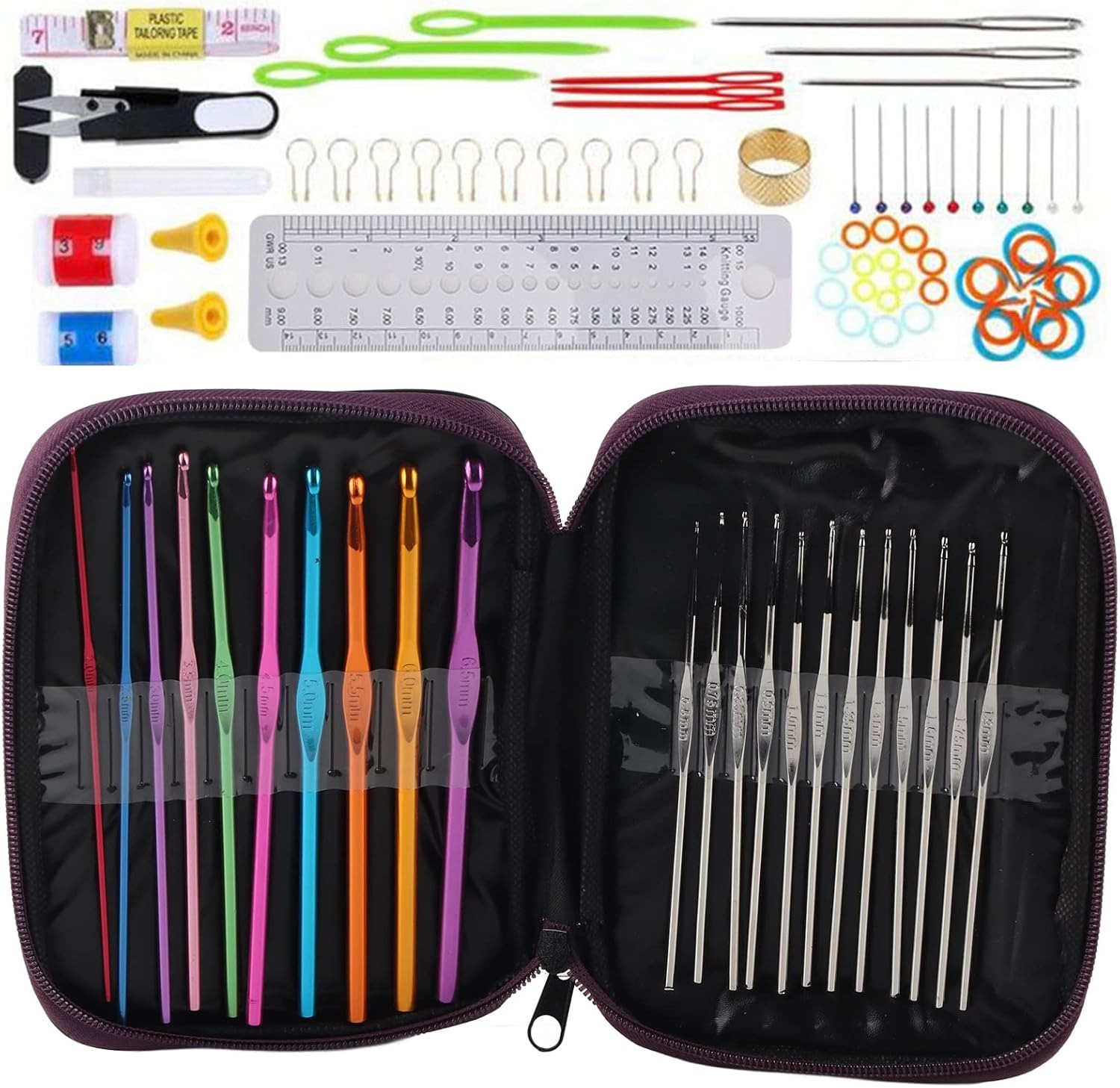 Conjunto de Agulhas de Crochet Cyrank 22 Peças com Estojo e Acessórios 0.6-6.5mm - Roxo