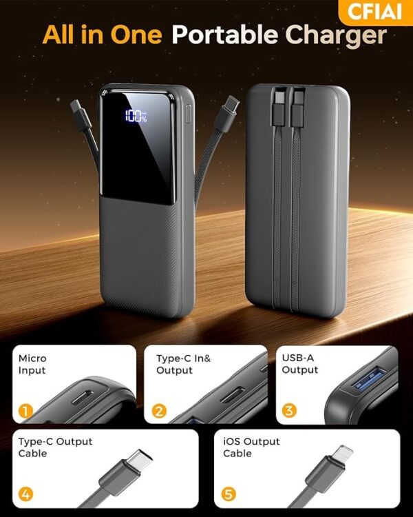 (15000 mAh) Power Bank CFIAI PB-08 22.5W PD com 2 Cabos Embutidos e Ecrã LED - Preto