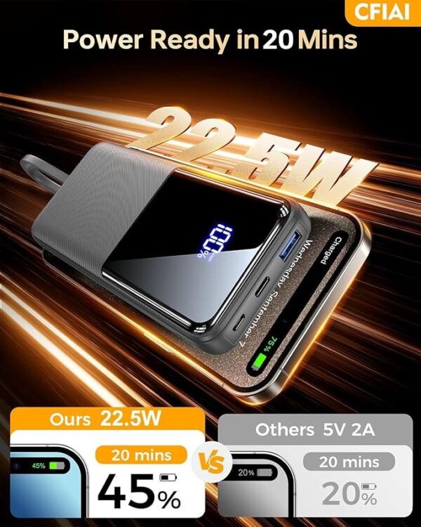 (15000 mAh) Power Bank CFIAI PB-08 22.5W PD com 2 Cabos Embutidos e Ecrã LED - Preto