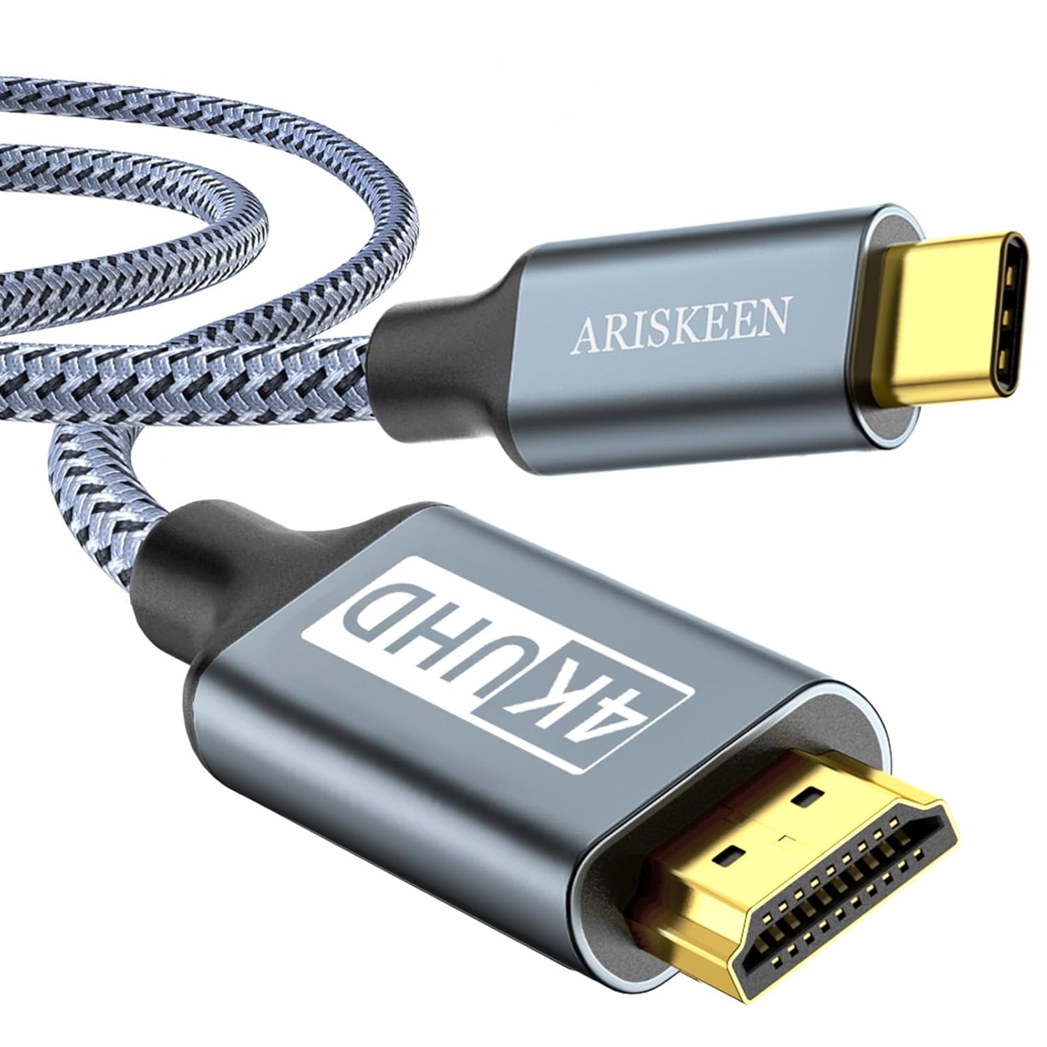 (2.5m) Cabo USB-C para HDMI ARISKEEN 4K 60Hz Nylon para iPhone 15 e MacBook - Preto