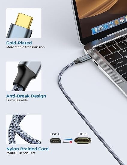 (2.5m) Cabo USB-C para HDMI ARISKEEN 4K 60Hz Nylon para iPhone 15 e MacBook - Preto