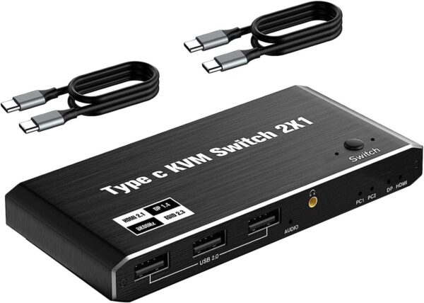 Switch KVM USB-C 2 Portas HDMI 2.1 DisplayPort 1.4 PD 100W NATEFEMIN C294400000