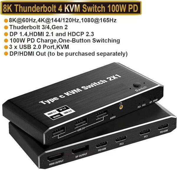 Switch KVM USB-C 2 Portas HDMI 2.1 DisplayPort 1.4 PD 100W NATEFEMIN C294400000