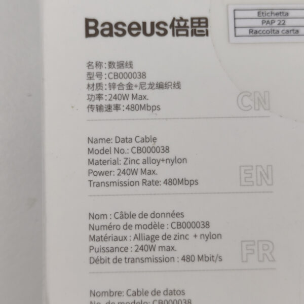 4 Cabos USB-C - USB-C Baseus 1 metro 240W
