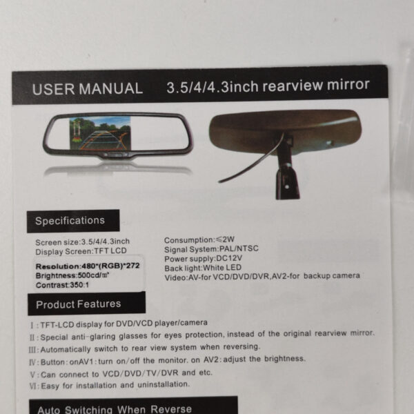 Monitor Retrovisor TFT LCD para Câmara de Marcha-atrás 3.5/4.3 Polegadas
