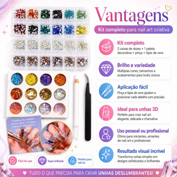 Kit Decoração de Unhas com Cristais e Pedrarias Multicor