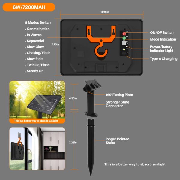 Kit Painel e Bateria Solar para Fitas Led 12V 24V Painel 6W 8 Modos 3m - Preto