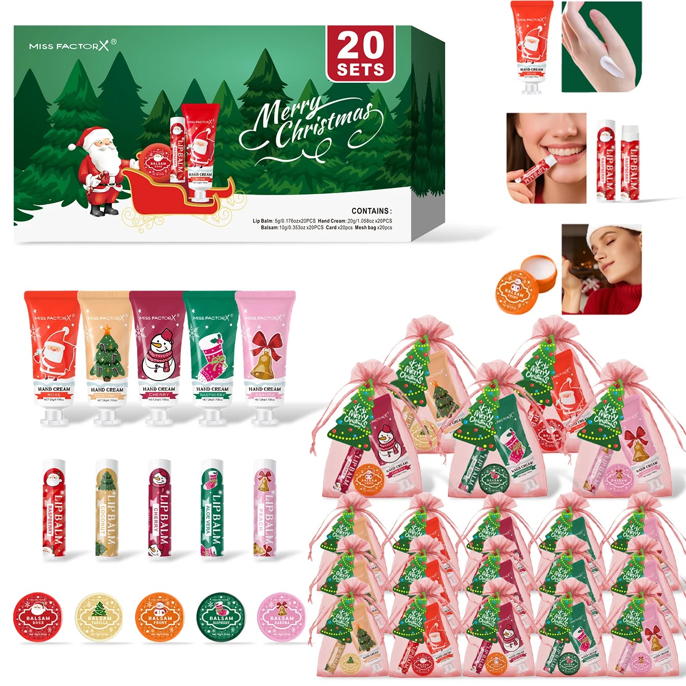 Conjunto de Natal para Mãos e Lábios 20 Unidades com Saco e Cartão