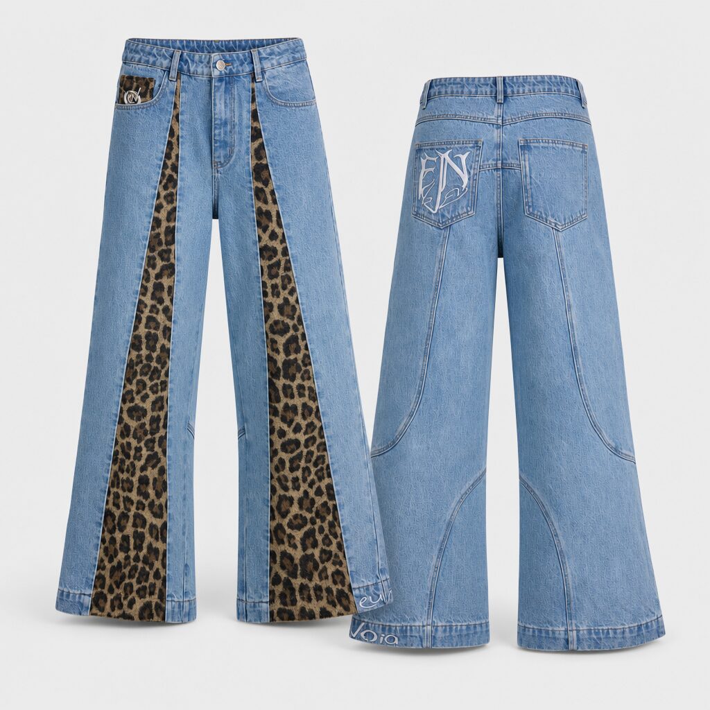(XL / W32) Calças de Ganga com Padrão Animal Print - Azul e Castanho
