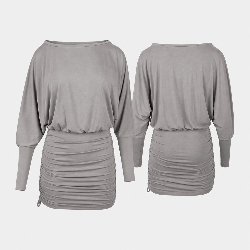 (XS) Vestido Manga Comprida com Detalhe Franzido - Cinza