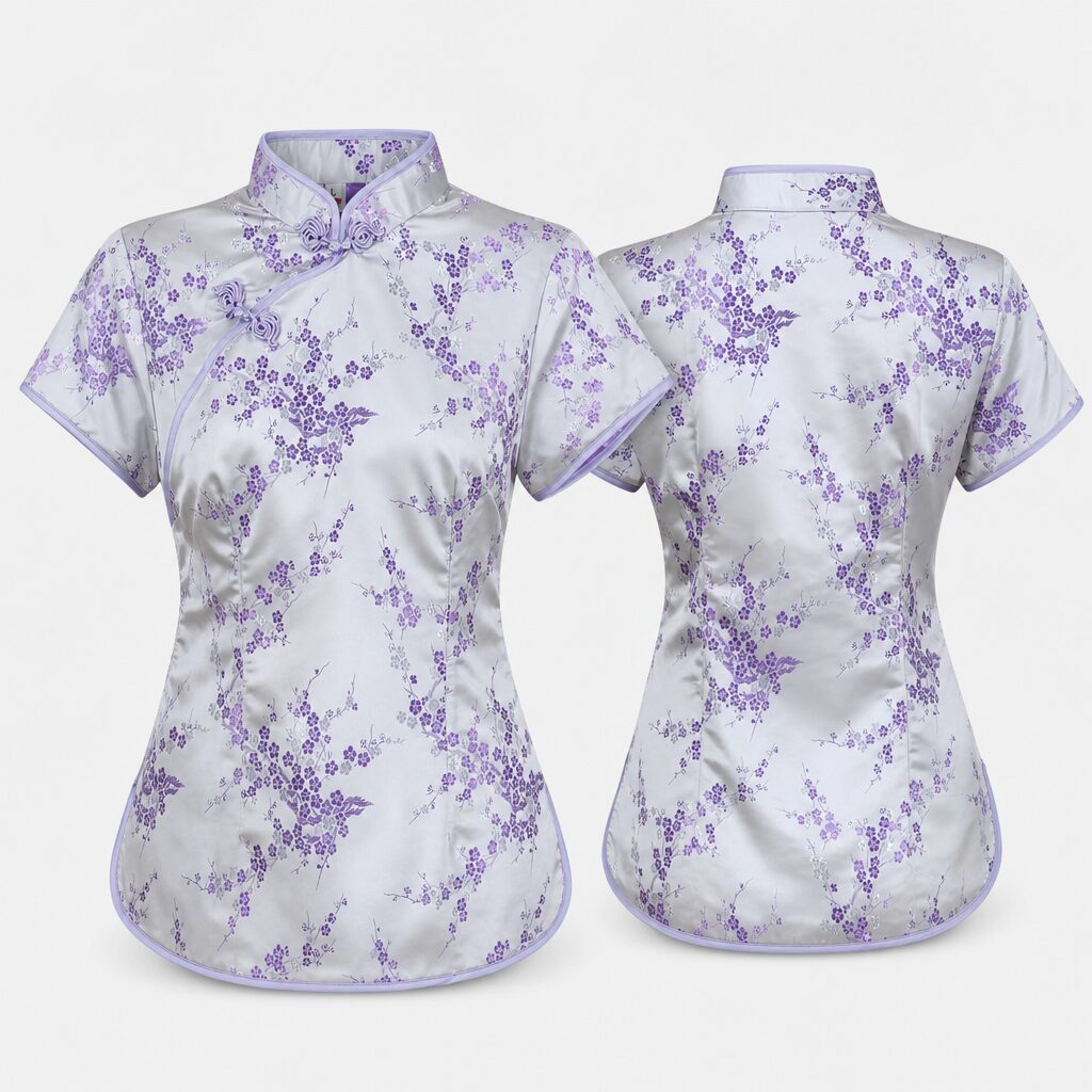 (L) Blusa Tradicional com Estampado Floral - Branco e Lilás