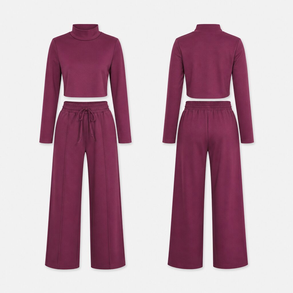 (XS) Conjunto de Gola Alta e Calças com Cordão - Vinho