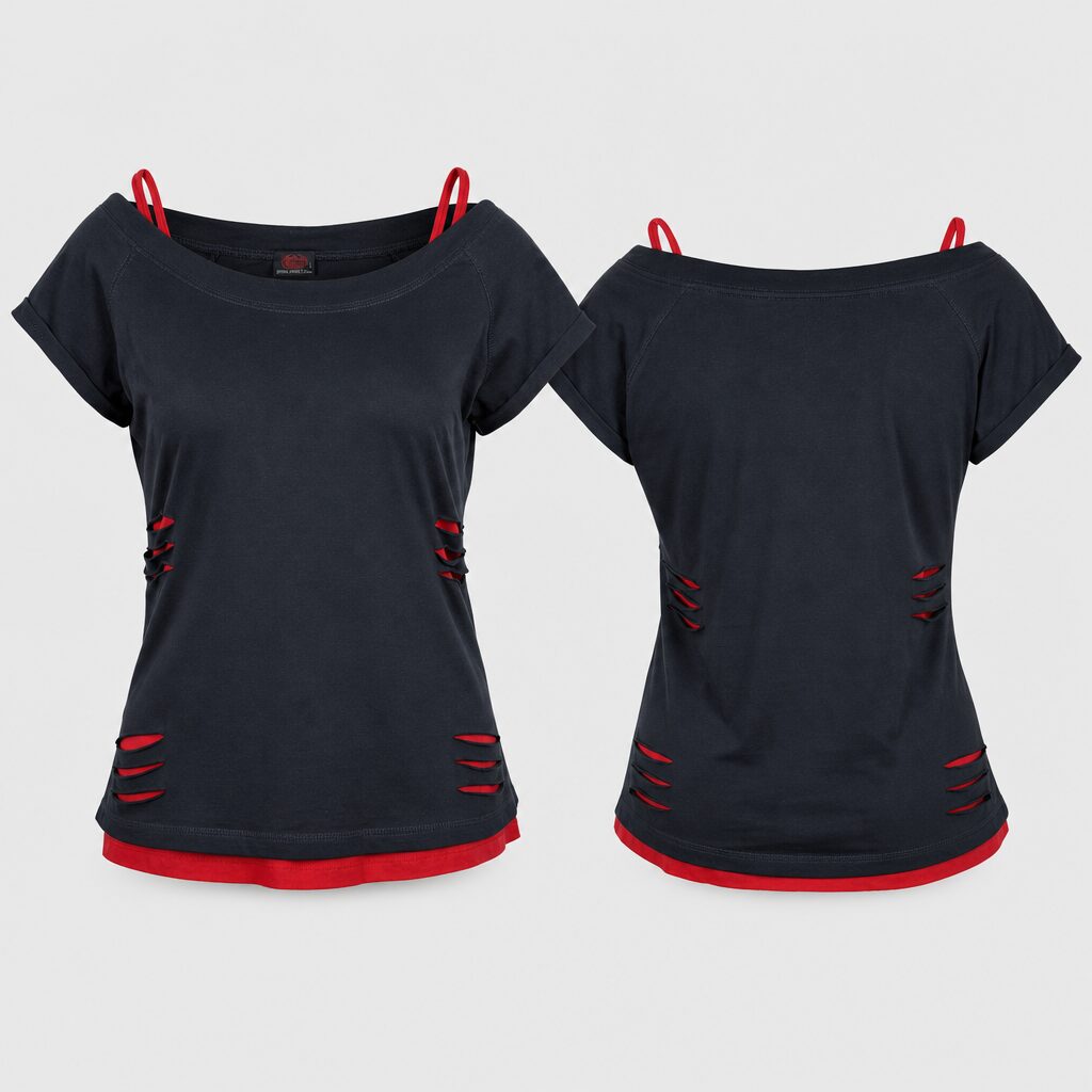(L) T-shirt Spiral com Detalhes Recortados - Preto e Vermelho