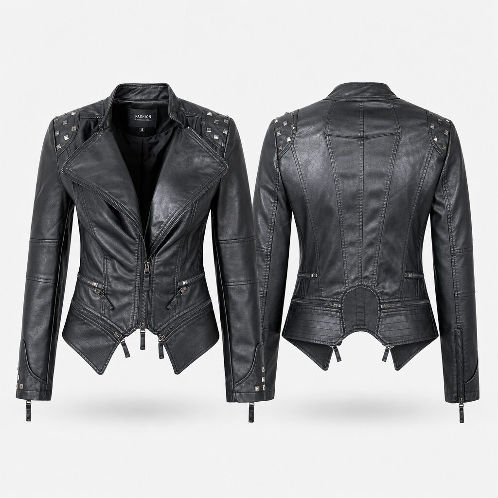 (XS) Casaco Fashion Collection com Tachas e Fecho Zip - Preto