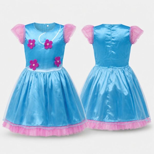 (150) Vestido Infantil com Flores Aplicadas - Azul e Rosa